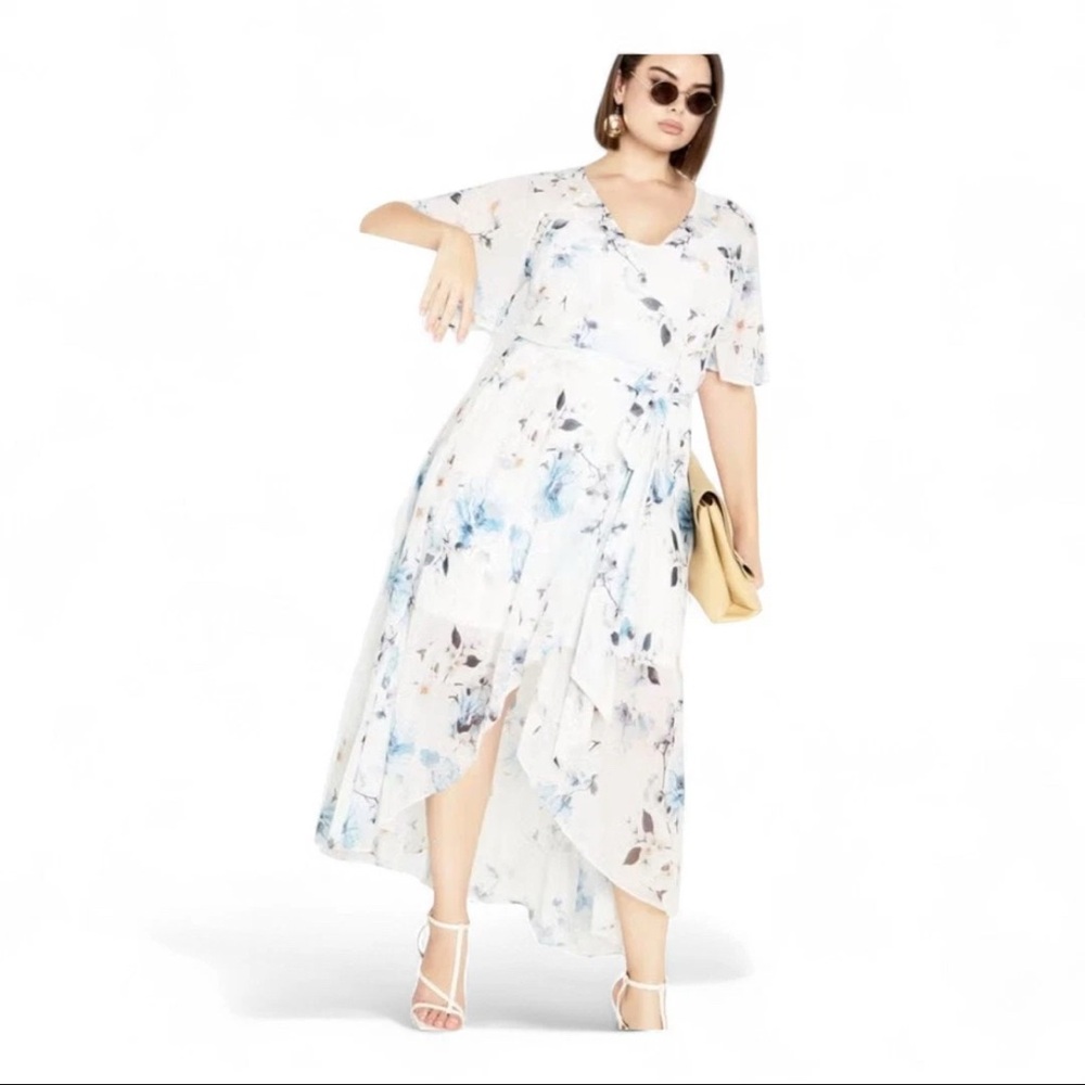 CITY CHIC Women Plus Size 18 Shy Orchid‎ Maxi Dress Front Wrap Floral Blue Ivory